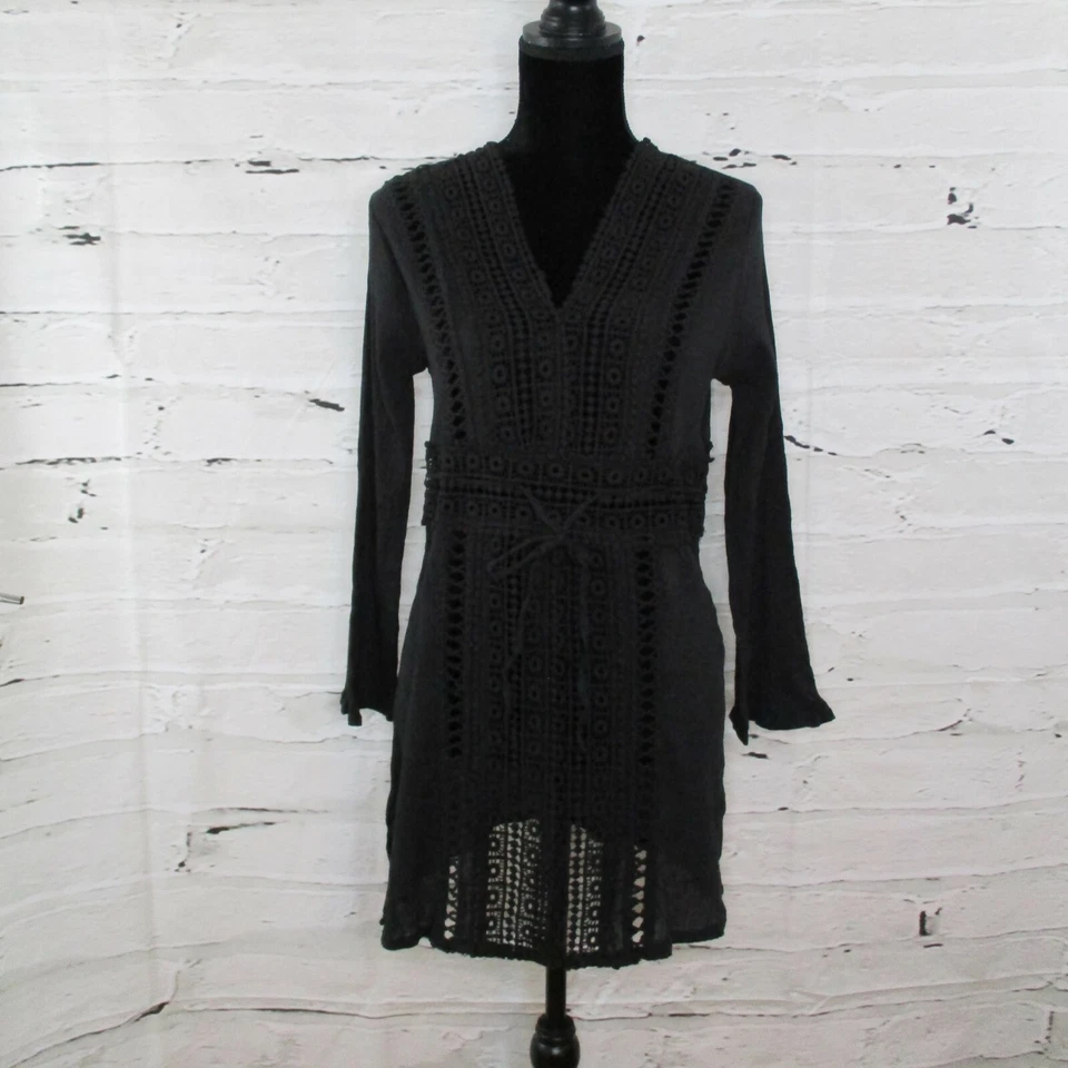 Raviya Womens Black Crochet Tunic Swimsuit Cover-Up Dress Size Medium