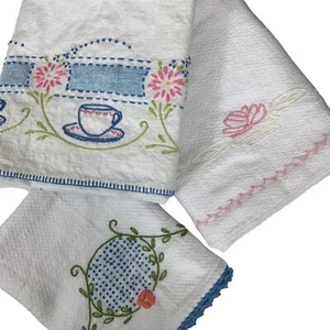 Vintage Hand Embroidered Towel Lot of 3 Teacup Floral Multicolor - Picture 1 of 13