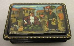 Russian Lacquer Ware Hinged Trinket Box Tblisi Marketplace Artist Signed 2008 - Picture 1 of 6