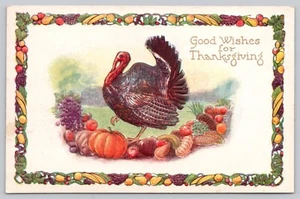 Vintage Postcard Thanksgiving - Good Wishes For Thanksgiving - Turkey, Pumpkin - Picture 1 of 2