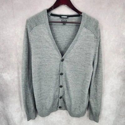 Express Cardigan Sweater Mens XL Gray Button Up Long Sleeve Merino Wool Blend - Image 1 of 4