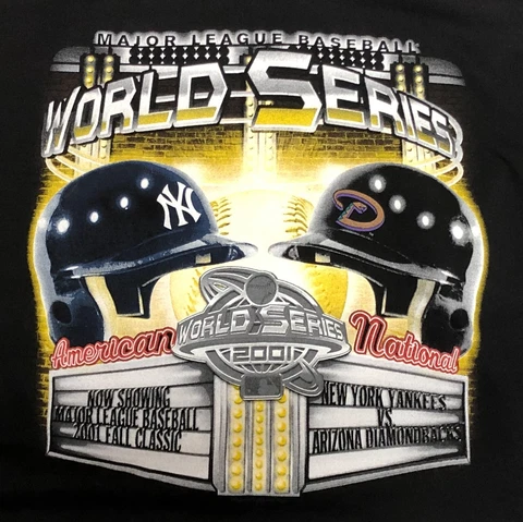 2001 World Series XL T Shirt Arizona Diamondbacks Yankees Baseball Helmets Vtg Cover