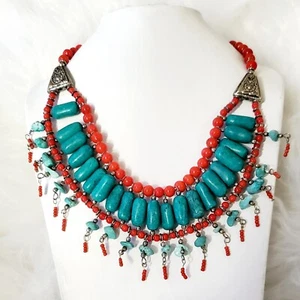 Collar vintage tibetano nepalí turquesa, coral  - Imagen 1 de 6