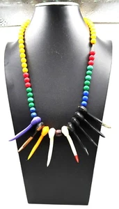 Vtg Multi Colored Bead and Plastic Claw Unique Necklace on Leather Thong - Picture 1 of 16