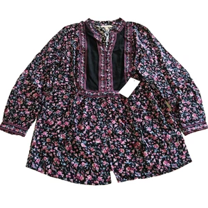 Woman Within Button Front Mixed Print Tunic Plus Size 18/20 NWT Black Floral - Picture 1 of 7