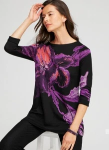 Chicos Floral Roll Cuff Sweater 3 XL 16 18 Black Purple Orange 3/4 Sleeve - Picture 1 of 13