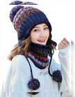 Women Winter Beanie Hat Peruvian Circle Scarf Set Ski Ear Flaps A1-M8771-Navy
