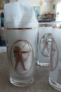 JUEGO DE 6 VASOS ESMERILADOS Y DORADOS LIBBEY CAMAFEO GUERRERO INDIO 1960 MUY RARO - Imagen 1 de 8