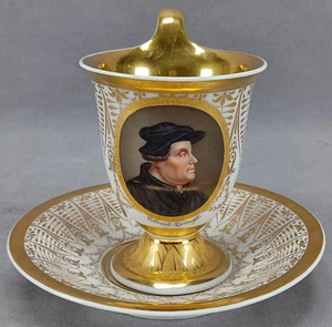 KPM Berlin Hand Painted Ulrich Zwingli Portrait & Gold Cup & Saucer C. 1820s - Picture 1 of 16