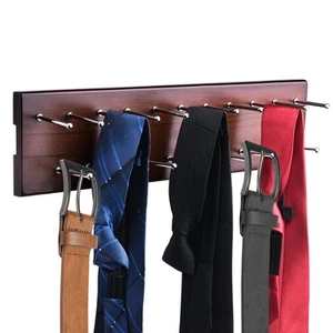 Tie Rack Wall Mounted, Wood Belt Hanger for Closet with 21 Chrome Hooks, Belt... - Picture 1 of 6