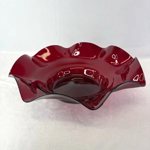 Vintage Blenko Large Bowl 14” Ruffled-Edge Fluted Ruby Glass - Picture 1 of 11