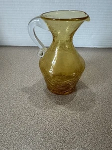 Vintage Crackle Amber Glass Hand Blown Small Pitcher Creamer With Handle BC-L - Picture 1 of 6