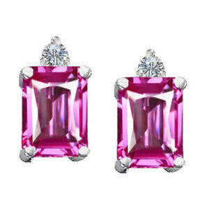 3.49CT 8x6MM 14K GOLD PLATED SILVER EMERALD CUT PINK SAPPHIRE STUD EARRINGS