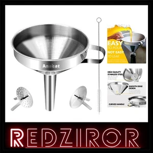 Heat Resistant Stainless Steel Funnel Set with Strainer Filters & Cleaning Brush - Picture 1 of 9