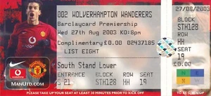 TICKET: MANCHESTER UNITED v Wolves 2003 - ¡Partido debut del novato Cristiano Ronaldo! - Imagen 1 de 1