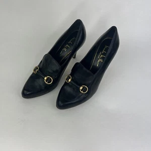 Nicole Miller Black Patent Leather Classic Loafer Dress Pumps Heels Gold 6.5B - Picture 1 of 16