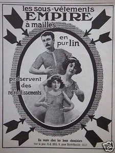 PUBLICITÉ 1912 LES SOUS-VÊTEMENTS EMPIRE A MAILLES EN PUR LIN - ADVERTISING - Imagen 1 de 1