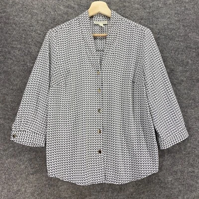 Camisa Dana Buchman Mujer M Mediana Blanca Geométrica Abotonada Cuello en V Manga 3/4 Foto 1 de 4