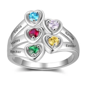 Engraved Mother's Day Family Ring 5 Birthstones 5 Names 925 Sterling Silver - Picture 1 of 5