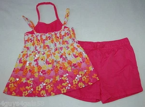 Girls Outfit FLOWER TANK TOP Smock Halter ORANGE PINK YELLOW Shorts SIZE 5 6 - Picture 1 of 2