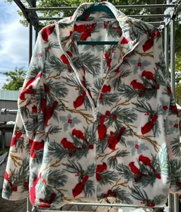 NWT Bonnie Evans womens Zip up Fleece Sz Large white w/cardinals holly pockets - Picture 1 of 4