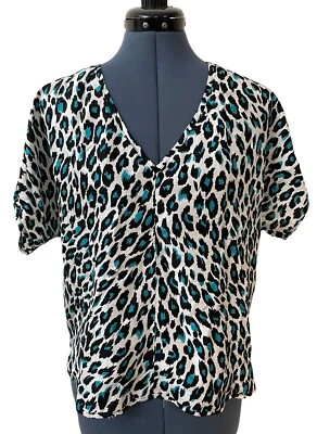 Top Milly Seda Leopardo Azul Negro Manga Corta Cuello en V Safari Arte para Usar Boho 6 Foto 1 de 4