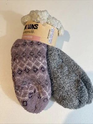 MUK LUK Short Cabin Socks ~ Purple and Gray~ ONE SIZE FITS ALL Fleece Lined NEW - Image 1 of 4