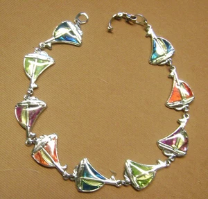 VINTAGE MULTICOLOR ENAMEL SAIL SHIPS SILVER TONE CHAIN LINK  9" LENTH  ANKLET - Picture 1 of 7