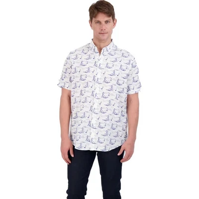 Club Room $50 Linen/Cotton Blend Blue & White Nautical Button Down Shirt NWT - Image 1 of 4