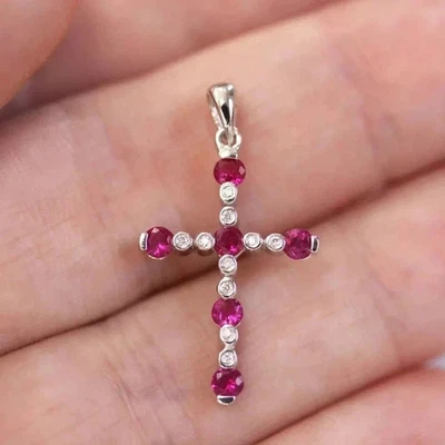 2Ct Lab-Created Pink Ruby Round Cut Cross Women's Pendant 14K White Gold Plated - Image 1 of 4
