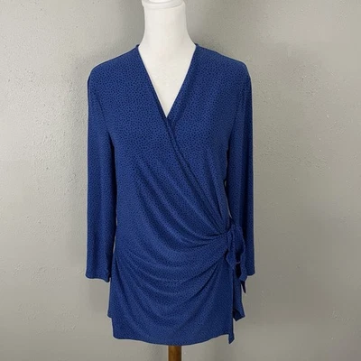 Anne Klein Faux Wrap Blouse Size L Blue Black Dots Stretchy Knit Top w Tie - Image 1 of 4