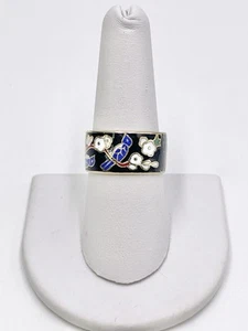 Cloisonné Ring Birds Flowers Gold Tone Blue Black - Picture 1 of 8