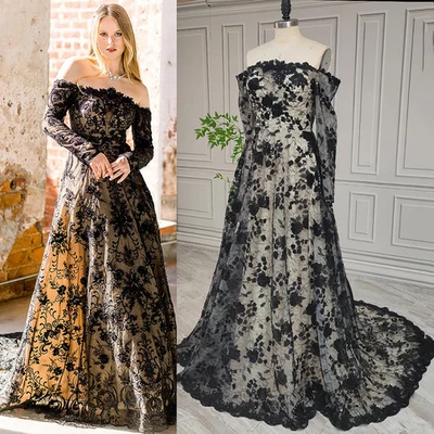 Gothic Black Wedding Dresses Off Shoulder Long Sleeves Lace Applique Bridal Gown - Image 1 of 4