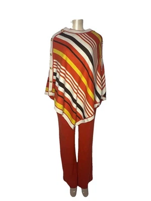 SUÉTER VINTAGE ABEJA NARANJA RAYAS PUNTO PONCHO Y PANTALÓN TRAJE TALLA S Foto 1 de 4