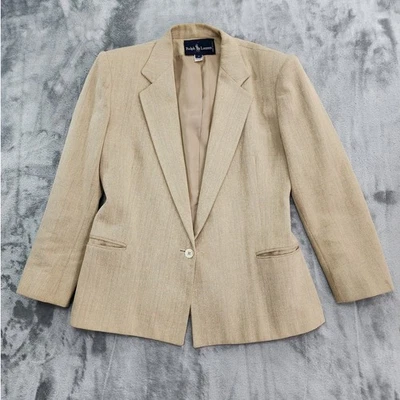 Vintage 80s Ralph Lauren Blazer Womens 4 Tan Silk Blend Twill Herringbone Preppy - Image 1 of 4