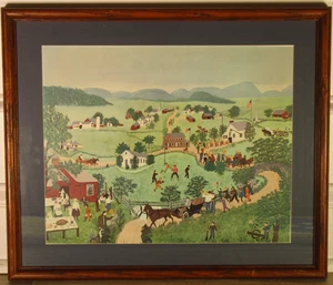 Vintage July Fourth Grandma Moses Folk Art Print Framed Matted - Picture 1 of 6