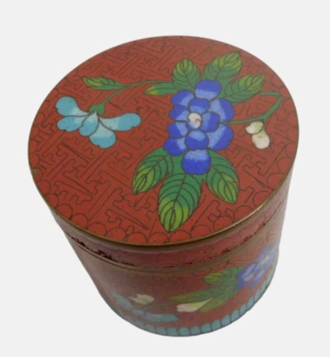 Antique Chinese Brass Cloisonne Floral Tea safe Cigarette Tobacco Jar - Image 1 of 4
