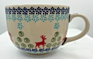 Polish Pottery & Boleslaweic Stoneware Mug Ring Around the Reindeer 17oz Signed - Picture 1 of 18