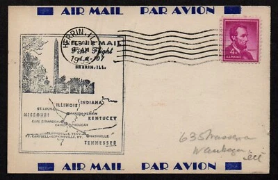 USA, SCOTT # 1036, FDC CARD - FIRST FLIGHT FROM HERRIN ILLINOIS TO WAUKEGAN 1955 - Image 1 of 2