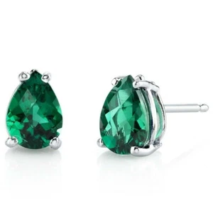 Pendientes de tachuelas esmeralda verde en forma de pera de 1,2 quilates en oro blanco de 14 quilates - Imagen 1 de 5