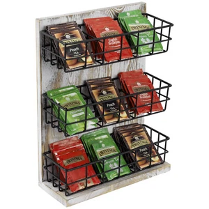 Soporte para bolsa de té de madera blanca y metal negro de 3 niveles, estante de almacenamiento de té montado en pared - Imagen 1 de 7
