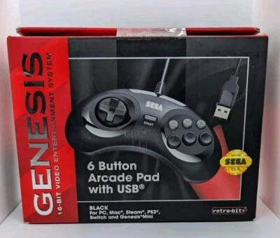 Retro-Bit Official Sega Genesis Controller 6-Button Arcade Pad BLACK Wired USB - Image 1 of 2