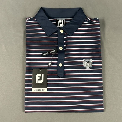 Camisa de golf FootJoy polo logotipo en el pecho ajuste atlético a rayas grande azul marino nueva con etiquetas precio de venta sugerido por el fabricante 85 USD Foto 1 de 4