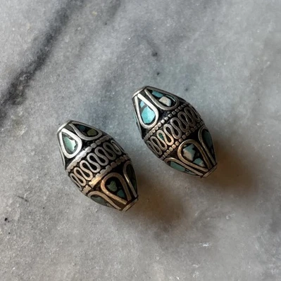 2pcs Tibetan Silver & l Turquoise Beads 25x14mm CC233 - Image 1 of 2