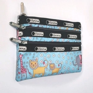 LeSportsac 3 Zip Pouch Zoo Pattern Cosmetic Trinket Pouch Washable 5x7.25" - Picture 1 of 9