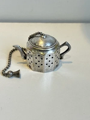 Vintage Teapot Shaped Loose Tea Leaf Infuser With Chain - Image 1 of 4