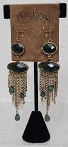 LUCKY BRAND EARRINGS gold tone metal green stones 3 1/2'' long - Picture 1 of 6