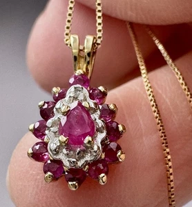 Vintage 10K Gelbgold Rubin Tropfen Anhänger & Box Kette Halskette - Bild 1 von 12