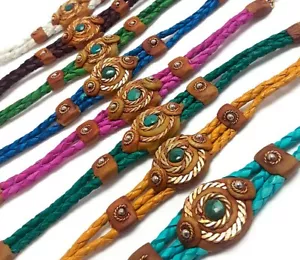 Chrysocolla Healing Gemstone Metal Spiral Braided Leather Bracelet Boho Handmade - Picture 1 of 16