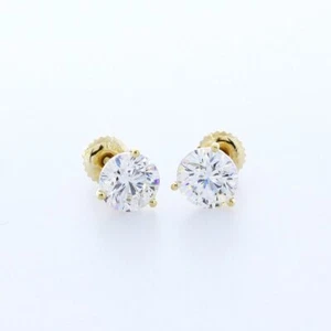 2.0 CT NATURAL DIAMONDS D/SI1 ROUND CUT 14K YELLOW GOLD 3-PRONG CLASSIC EARRINGS - Picture 1 of 12